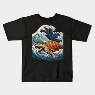 Japanese Kawaii Sea Turtle Great Wave Off Kanagawa Kids T-Shirt